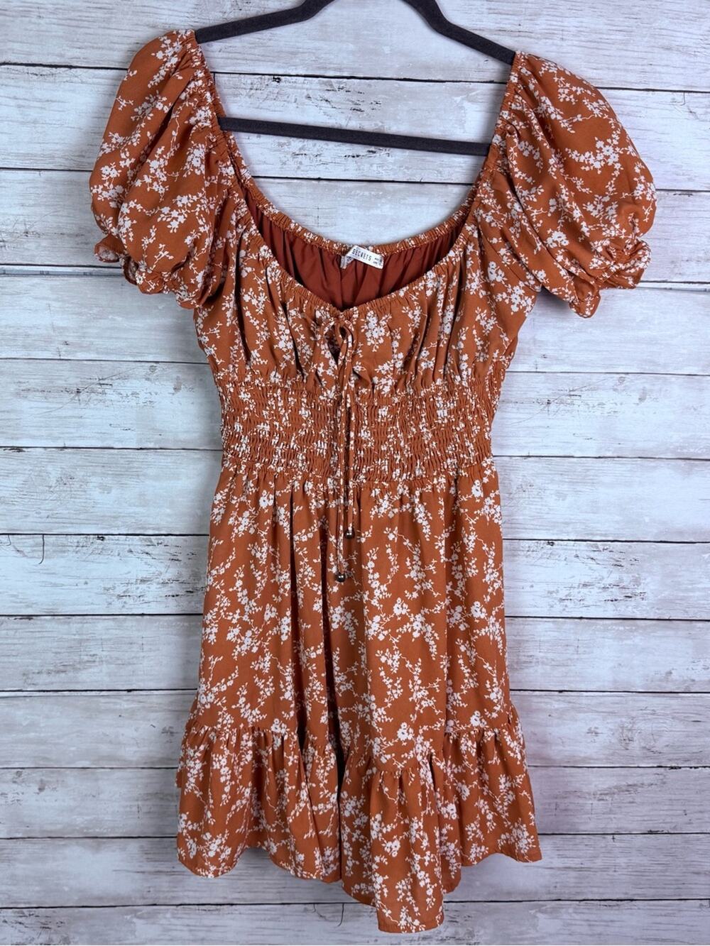 Saints & Secrets Rust Floral Puff Sleeve Smocked Dress